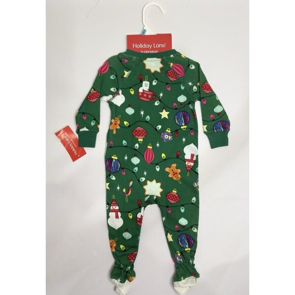 Holiday Lane Baby Christmas Footed Sleeper 0-6 M Green Lights Ornaments Cotton. - Picture 2 of 4